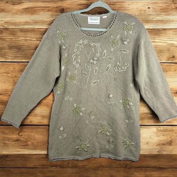 Shenanigans Sweaters - Vintage Shenanigans Embroidered and Beaded Beige Crocheted Sweater L